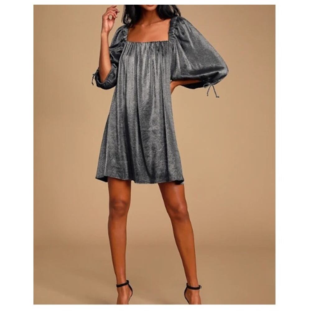 Free People NWT Mara XS Puff Sleeve Dark Gray Metallic Mini Babydoll Dress